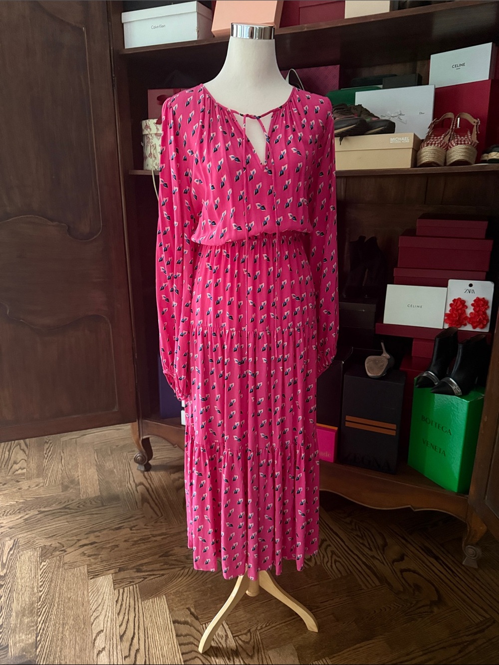 Diane Von Furstenberg Fuchsia Printed Long-Sleeve Tiered Maxi Dress